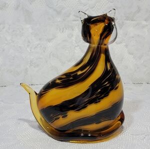 Hand-Blown Murano Style Art Glass Cat Figurine in Amber Brownish Dark Swirl